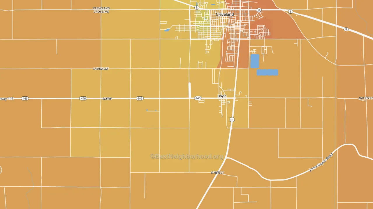 Map of the best neighborhoods in the 38730 area, with better matches in green and worse matches in red