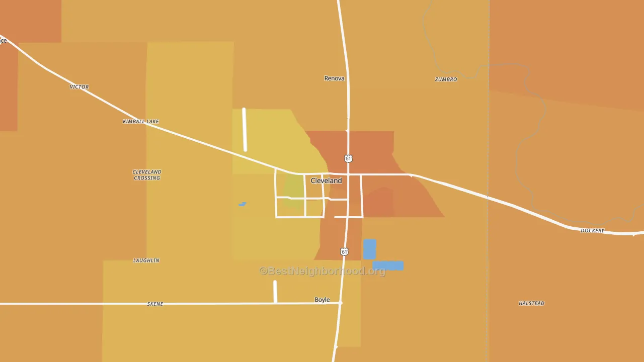 Map of the best neighborhoods in the 38732 area, with better matches in green and worse matches in red