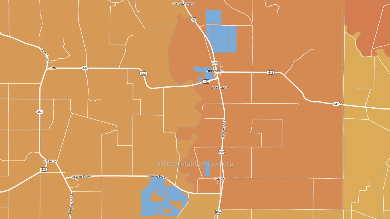 Map of the best neighborhoods in the 38736 area, with better matches in green and worse matches in red