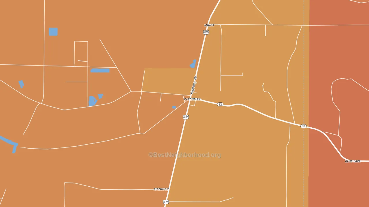 Map of the best neighborhoods in the 38738 area, with better matches in green and worse matches in red