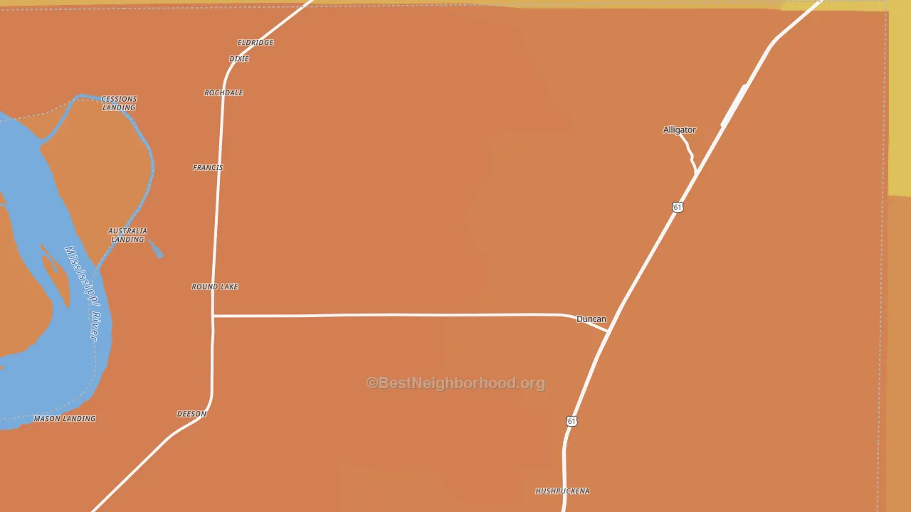 Map of the best neighborhoods in the 38740 area, with better matches in green and worse matches in red