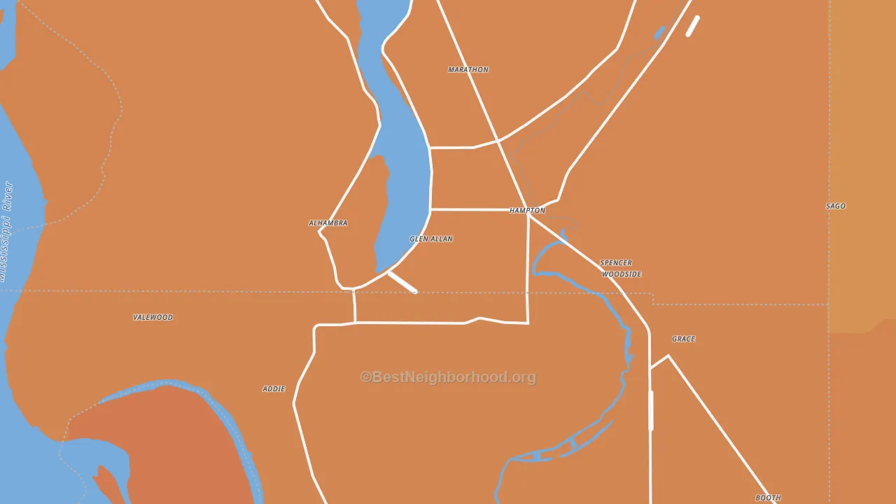 Map of the best neighborhoods in the 38744 area, with better matches in green and worse matches in red