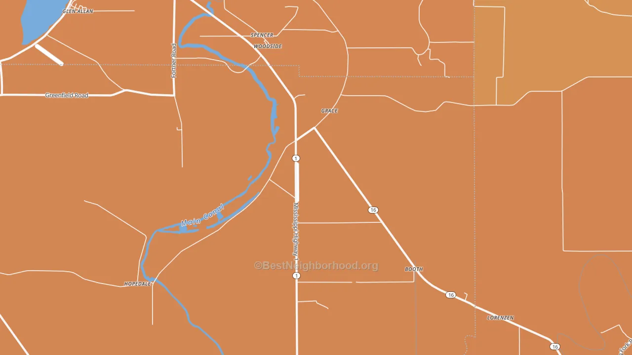 Map of the best neighborhoods in the 38745 area, with better matches in green and worse matches in red