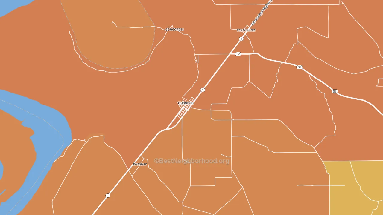 Map of the best neighborhoods in the 38746 area, with better matches in green and worse matches in red