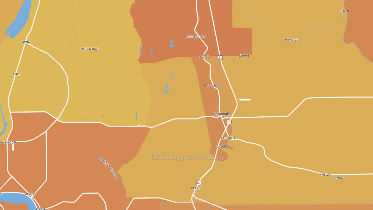 Map of the best neighborhoods in the 38748 area, with better matches in green and worse matches in red