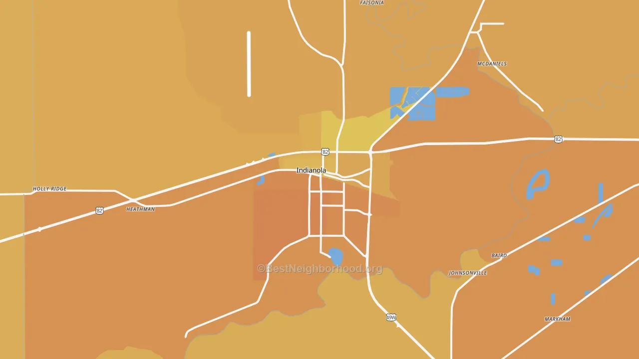 Map of the best neighborhoods in the 38751 area, with better matches in green and worse matches in red