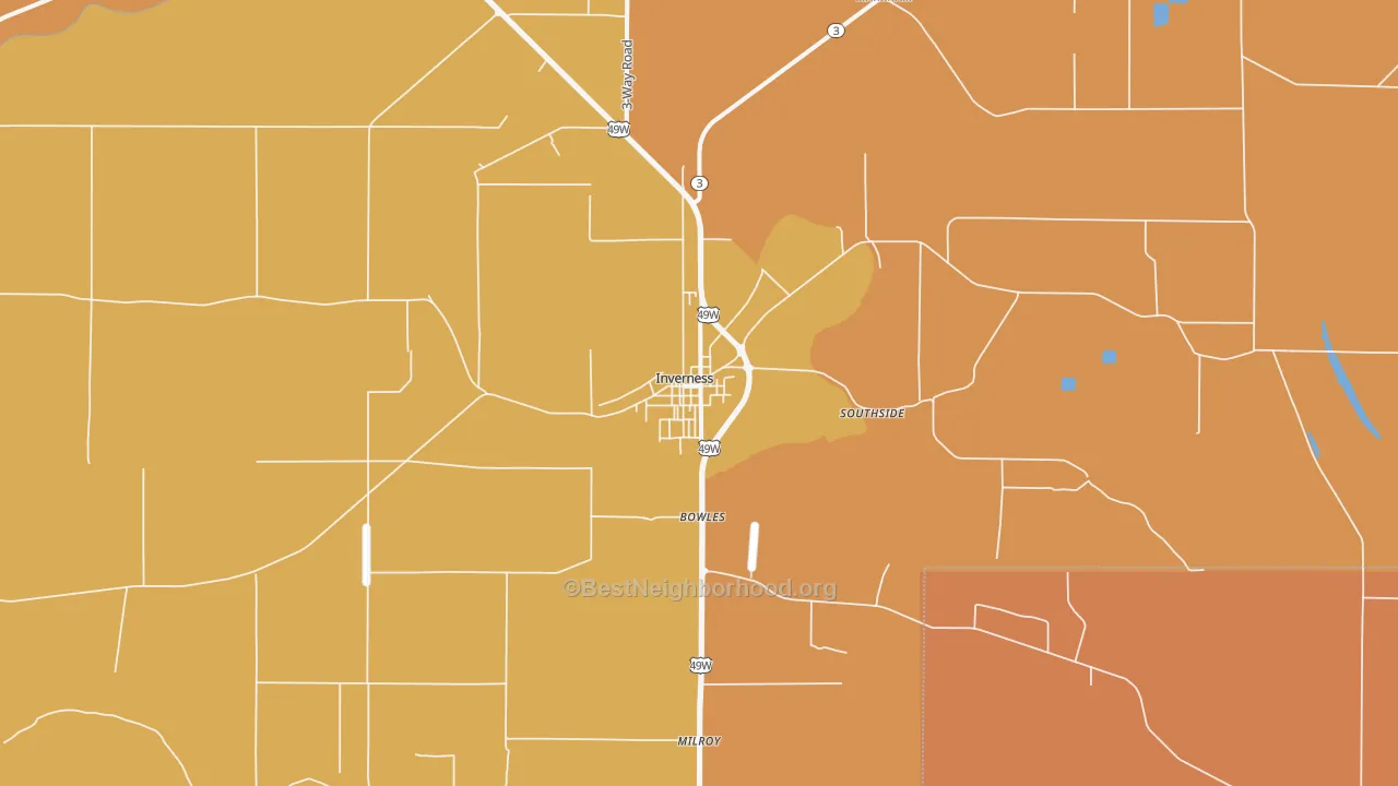 Map of the best neighborhoods in the 38753 area, with better matches in green and worse matches in red