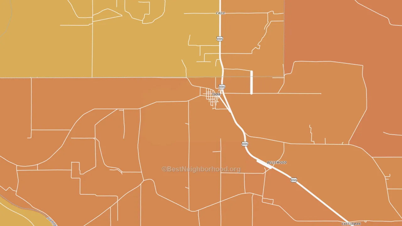 Map of the best neighborhoods in the 38754 area, with better matches in green and worse matches in red