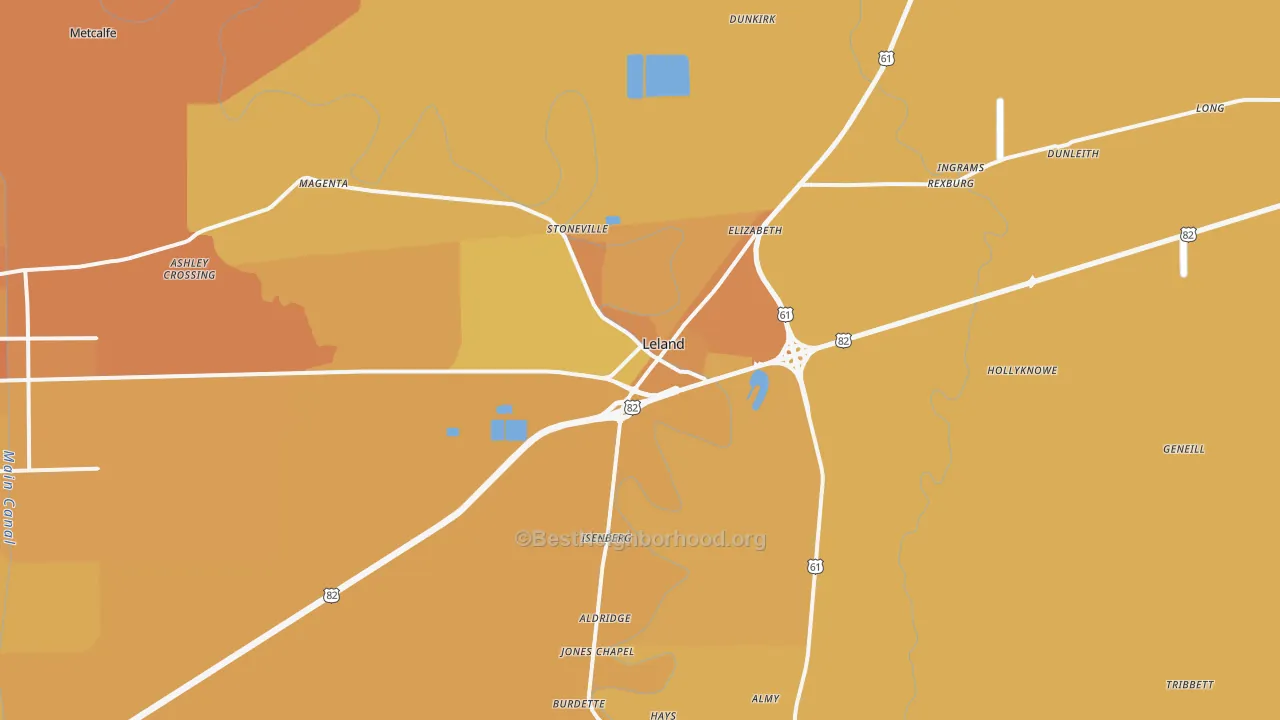 Map of the best neighborhoods in the 38756 area, with better matches in green and worse matches in red
