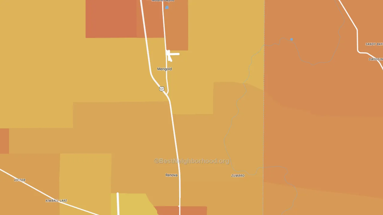 Map of the best neighborhoods in the 38759 area, with better matches in green and worse matches in red