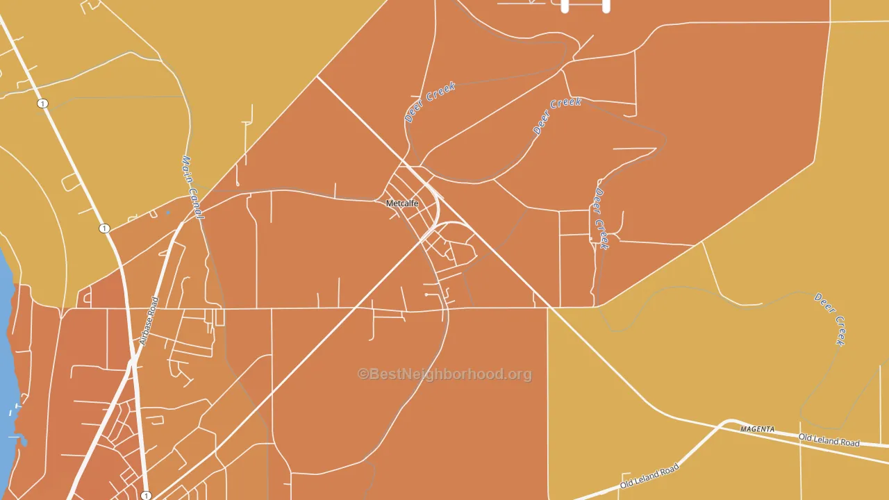Map of the best neighborhoods in the 38760 area, with better matches in green and worse matches in red
