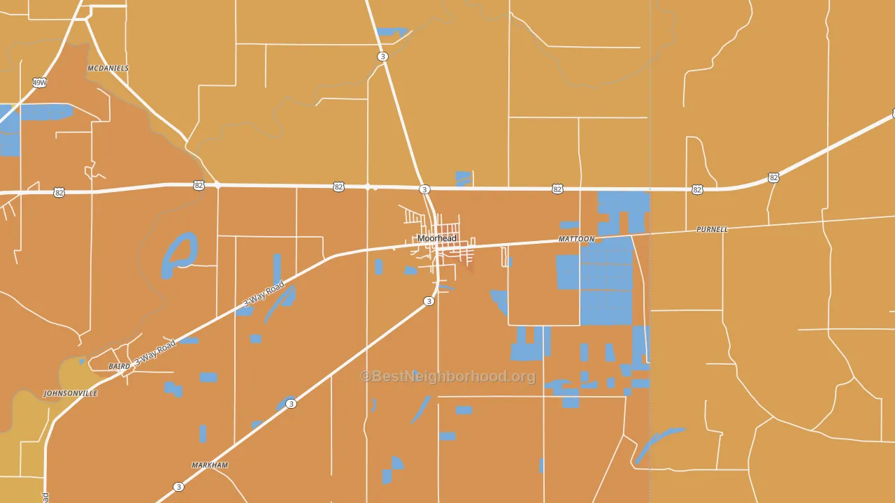 Map of the best neighborhoods in the 38761 area, with better matches in green and worse matches in red