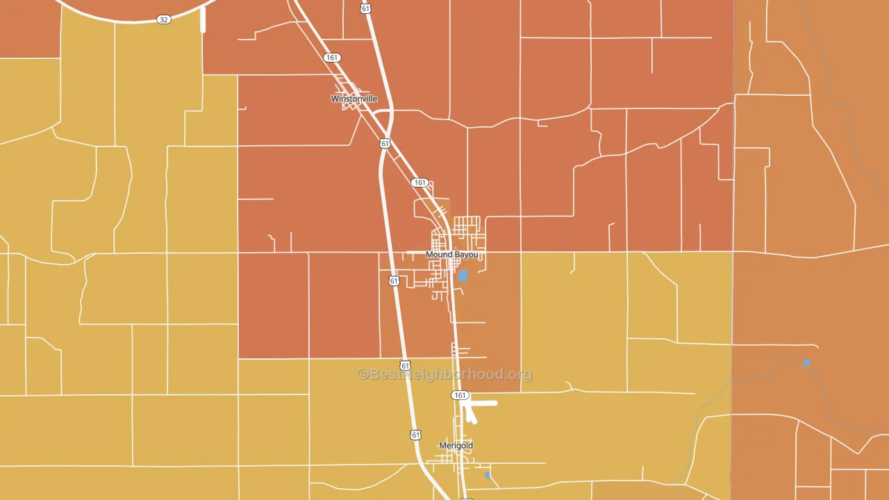 Map of the best neighborhoods in the 38762 area, with better matches in green and worse matches in red