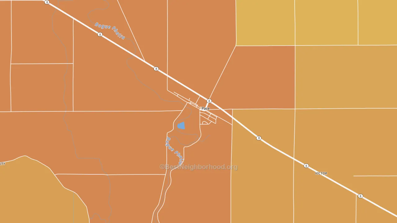 Map of the best neighborhoods in the 38764 area, with better matches in green and worse matches in red