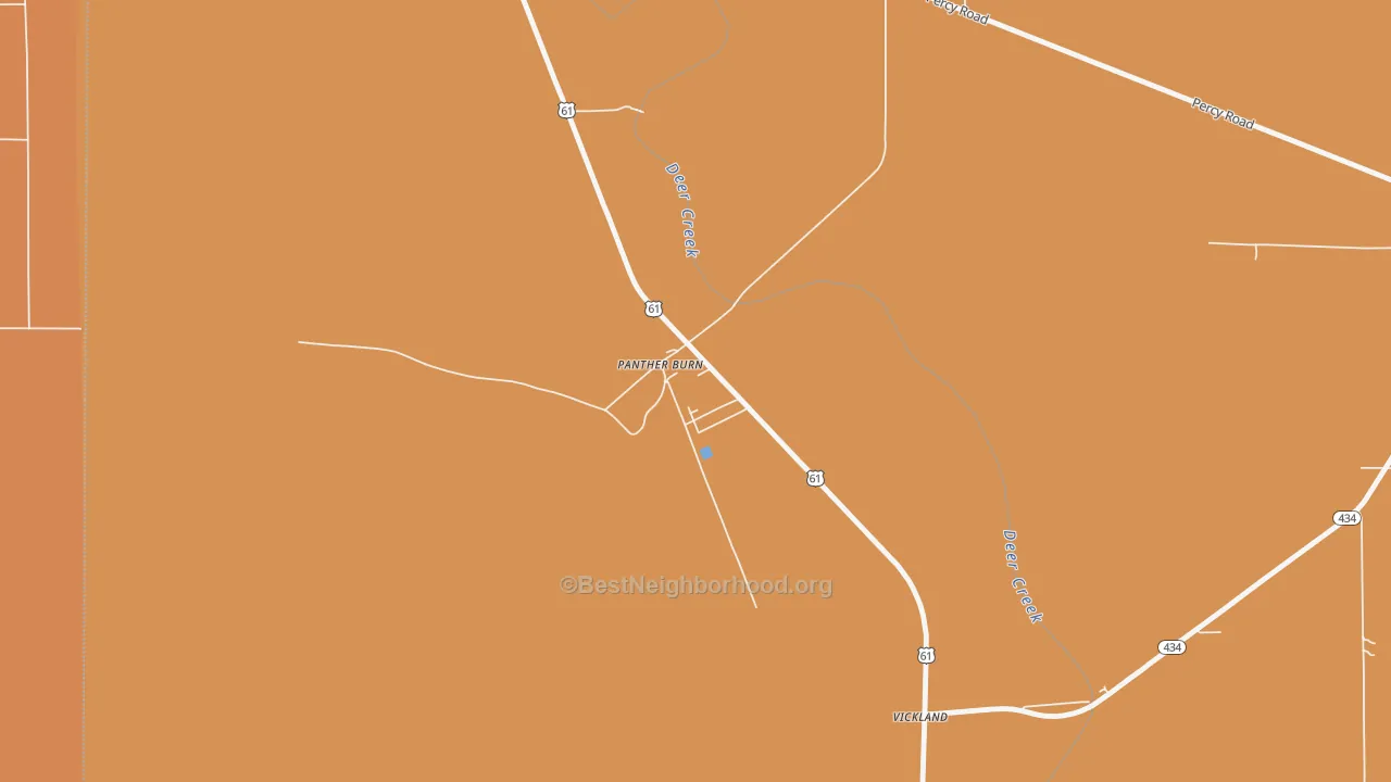 Map of the best neighborhoods in the 38765 area, with better matches in green and worse matches in red