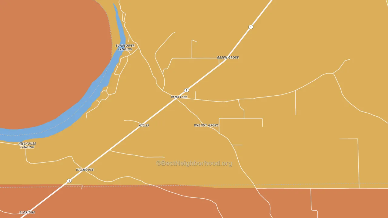 Map of the best neighborhoods in the 38767 area, with better matches in green and worse matches in red