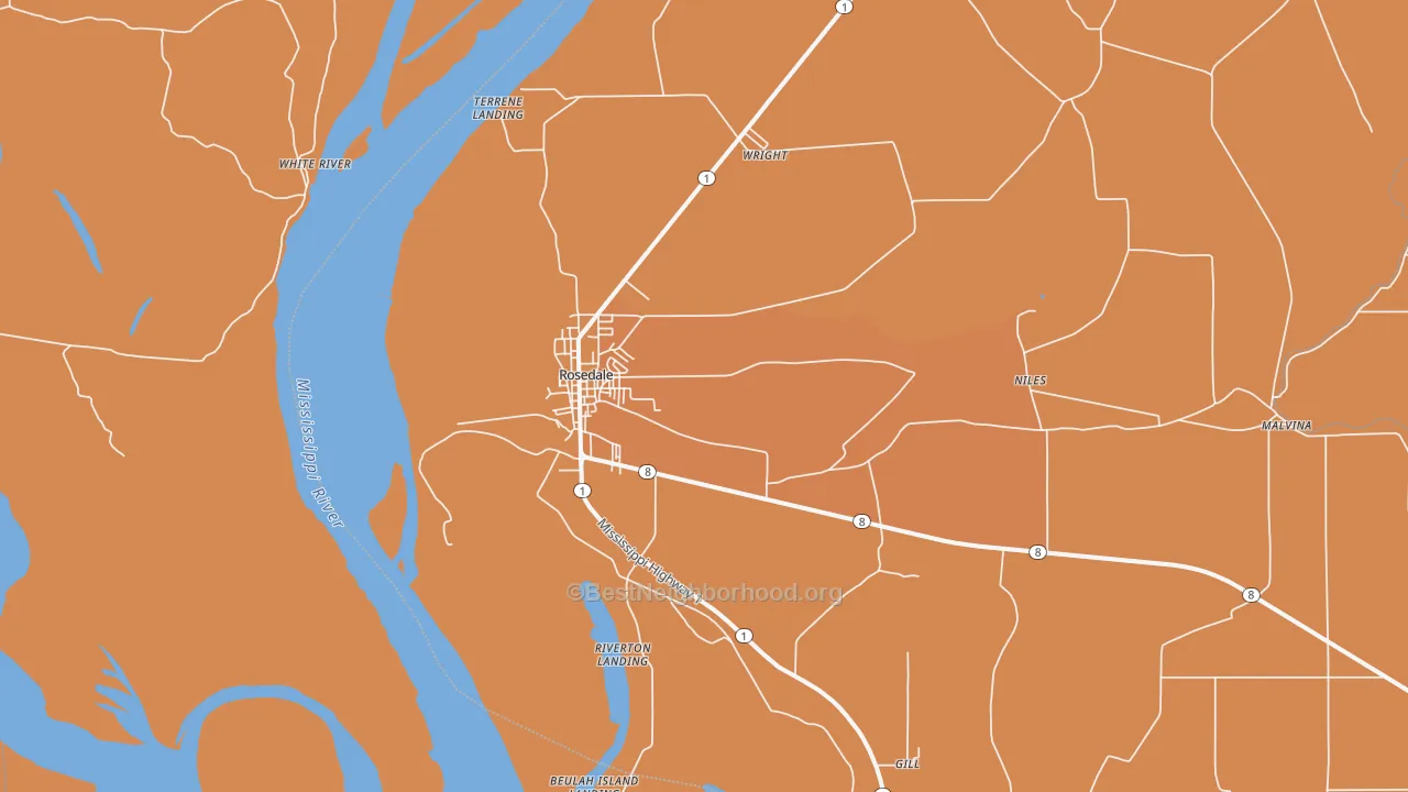 Map of the best neighborhoods in the 38769 area, with better matches in green and worse matches in red