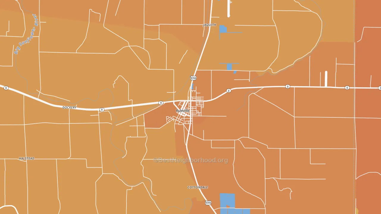 Map of the best neighborhoods in the 38771 area, with better matches in green and worse matches in red