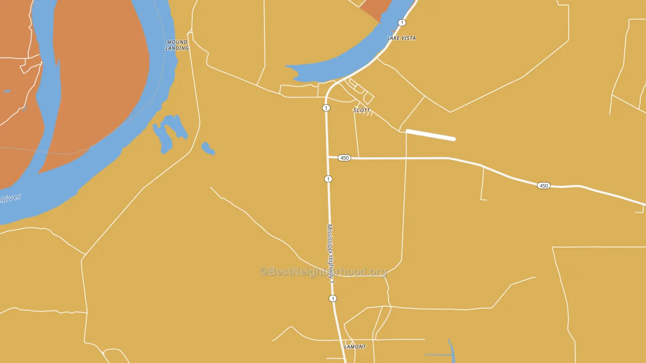Map of the best neighborhoods in the 38772 area, with better matches in green and worse matches in red