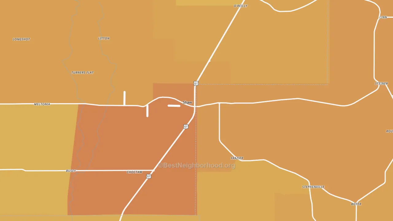 Map of the best neighborhoods in the 38773 area, with better matches in green and worse matches in red