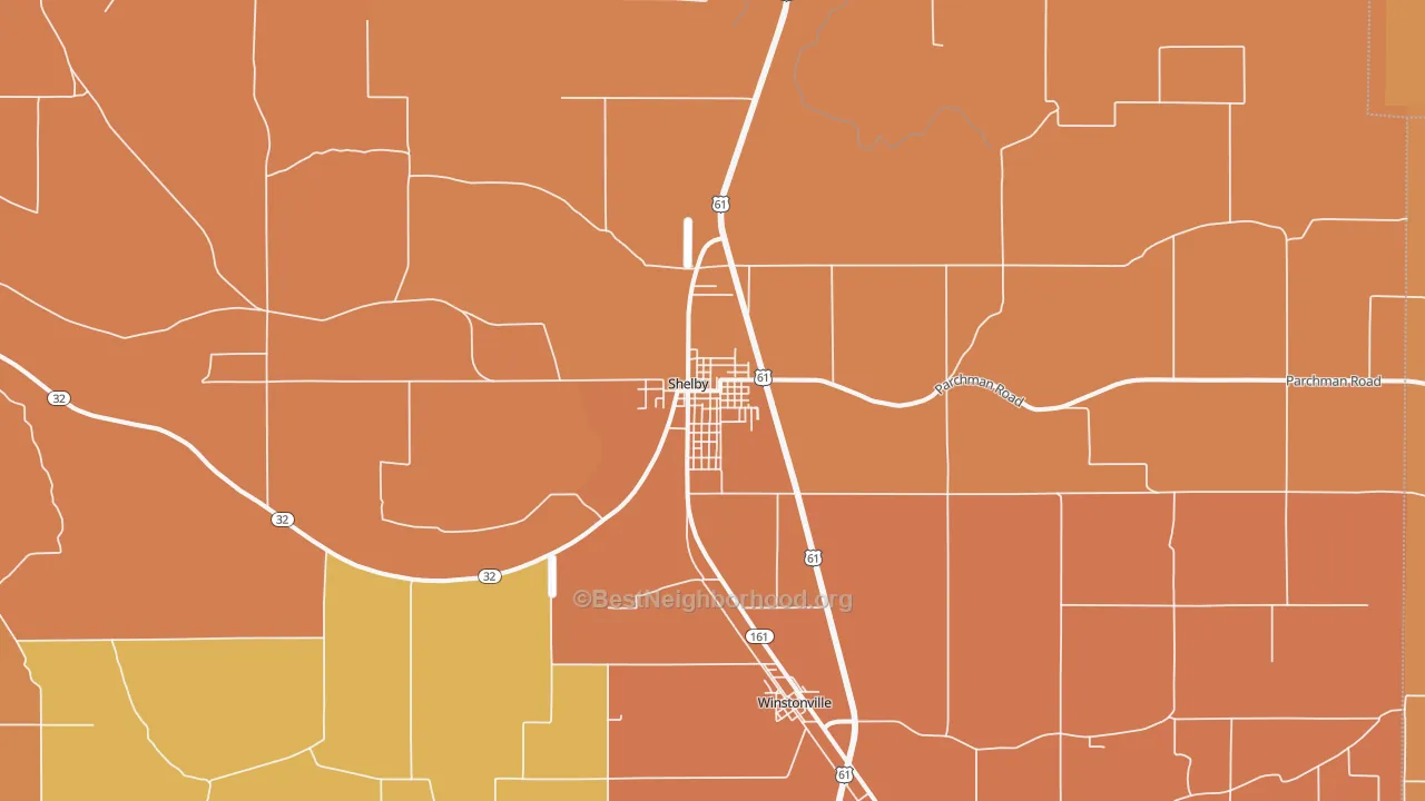 Map of the best neighborhoods in the 38774 area, with better matches in green and worse matches in red