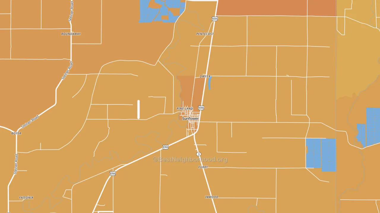 Map of the best neighborhoods in the 38778 area, with better matches in green and worse matches in red