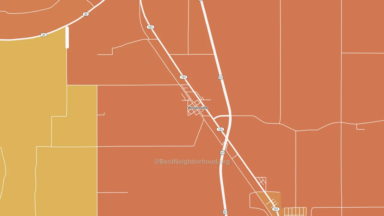 Map of the best neighborhoods in the 38781 area, with better matches in green and worse matches in red