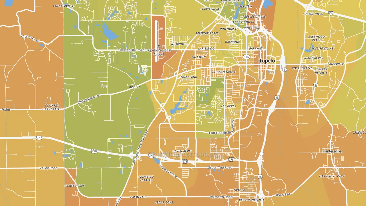 Map of the best neighborhoods in the 38801 area, with better matches in green and worse matches in red