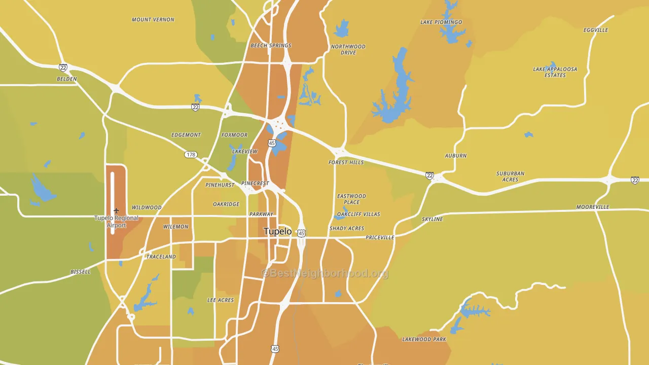 Map of the best neighborhoods in the 38804 area, with better matches in green and worse matches in red