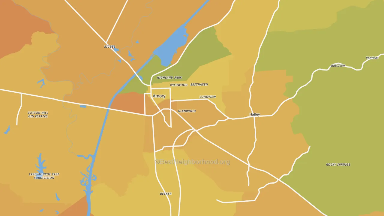 Map of the best neighborhoods in the 38821 area, with better matches in green and worse matches in red