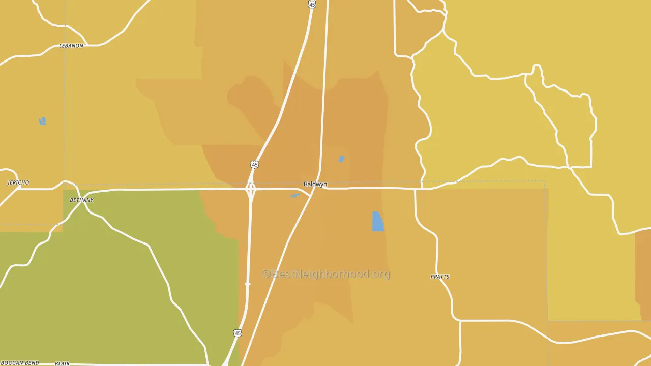 Map of the best neighborhoods in the 38824 area, with better matches in green and worse matches in red