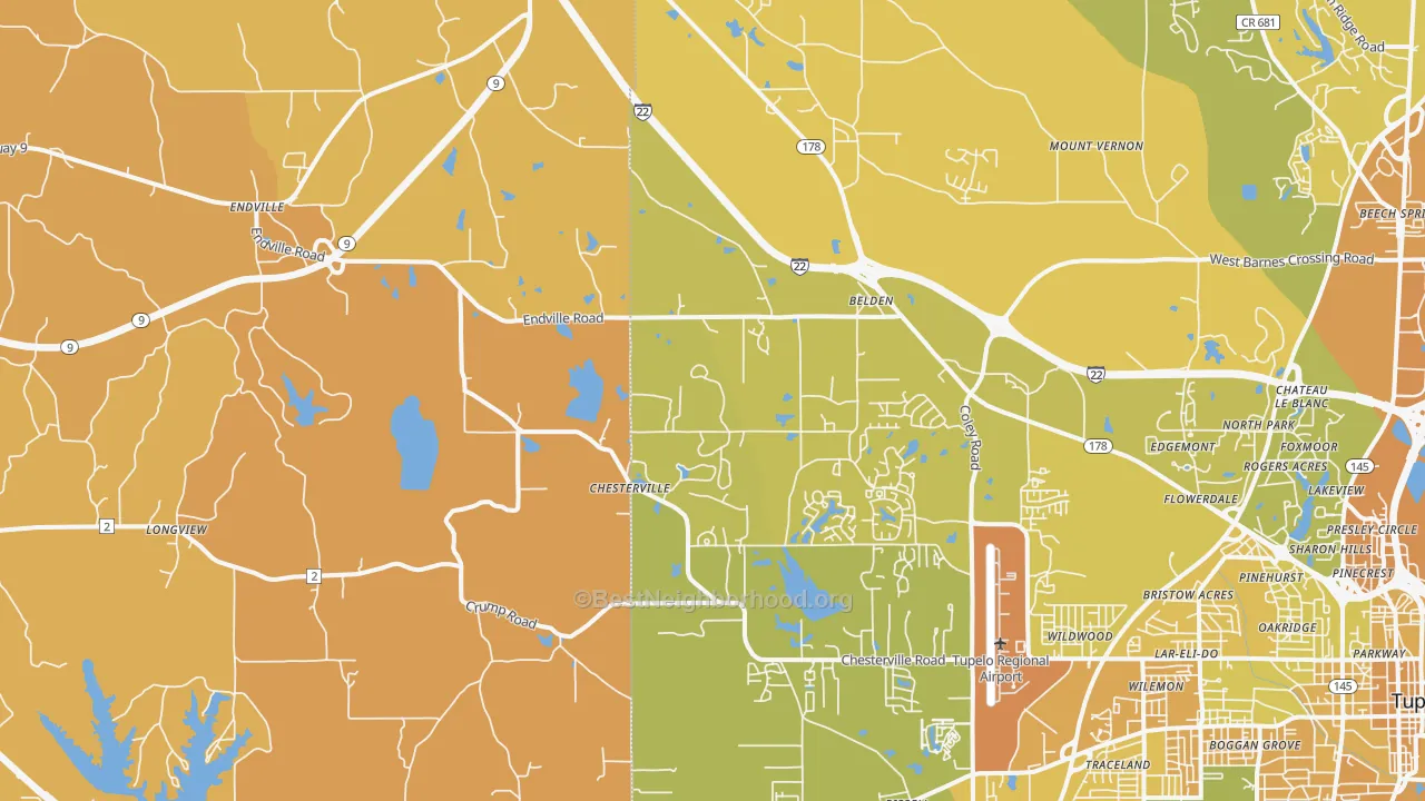 Map of the best neighborhoods in the 38826 area, with better matches in green and worse matches in red