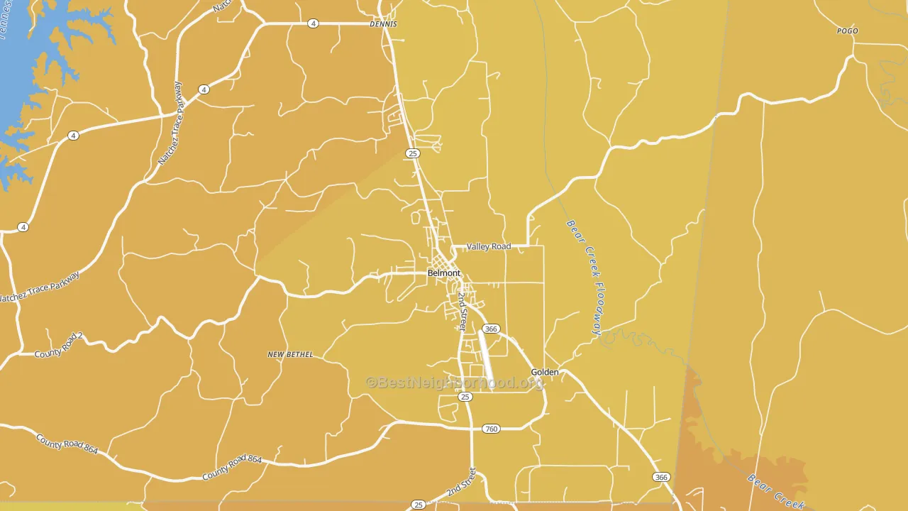 Map of the best neighborhoods in the 38827 area, with better matches in green and worse matches in red