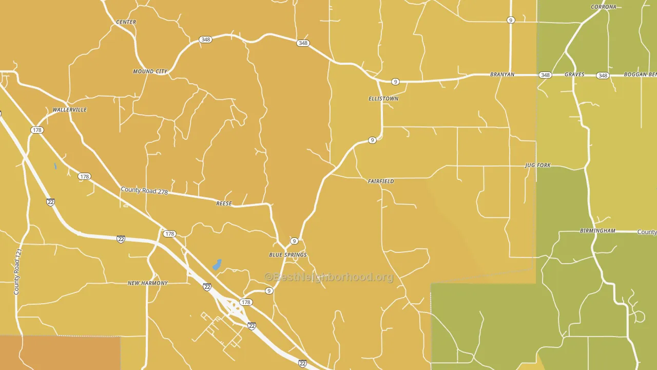 Map of the best neighborhoods in the 38828 area, with better matches in green and worse matches in red