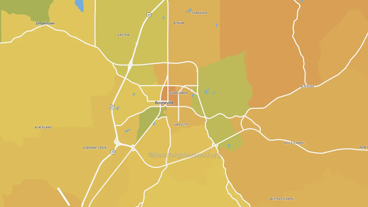 Map of the best neighborhoods in the 38829 area, with better matches in green and worse matches in red