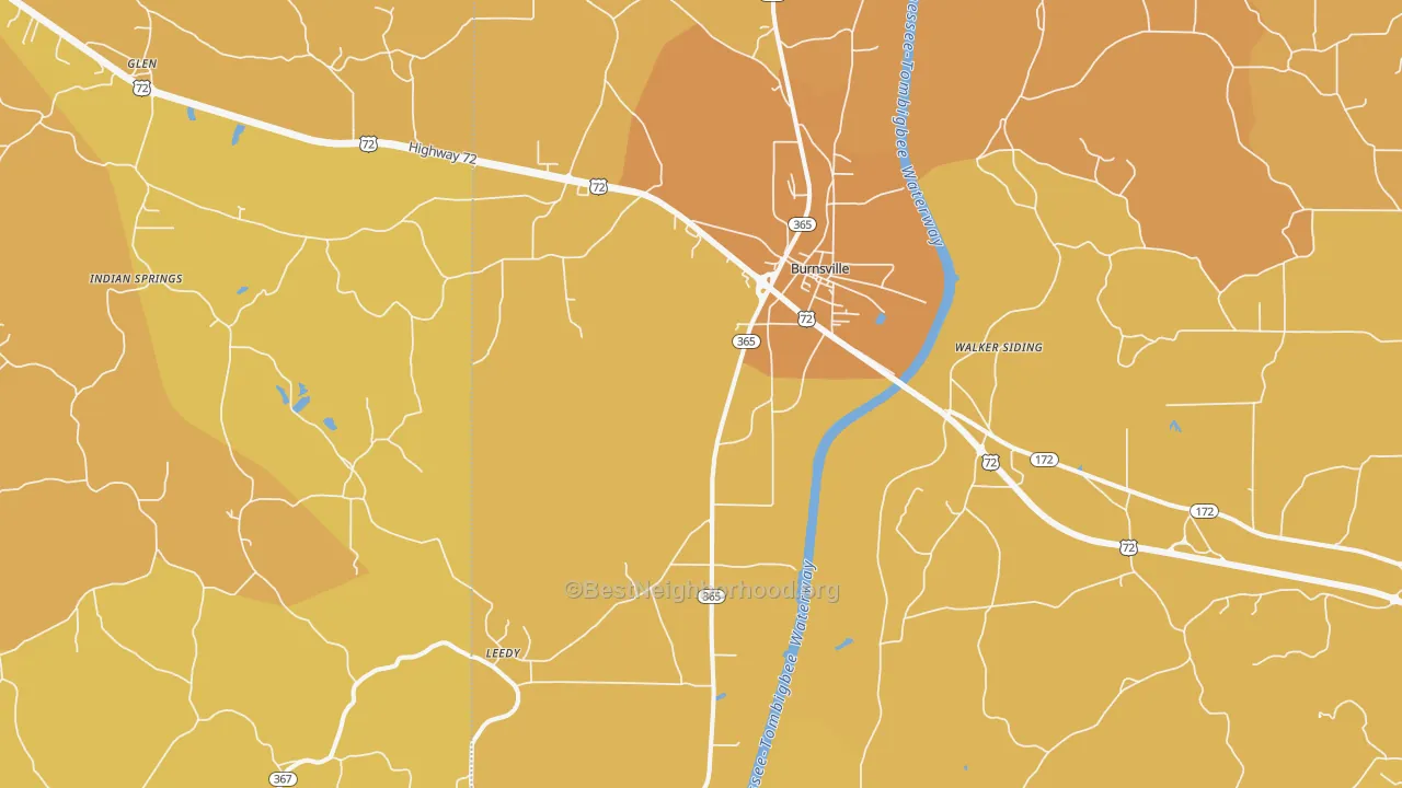 Map of the best neighborhoods in the 38833 area, with better matches in green and worse matches in red