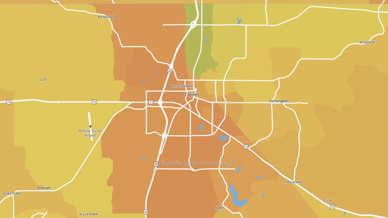 Map of the best neighborhoods in the 38834 area, with better matches in green and worse matches in red