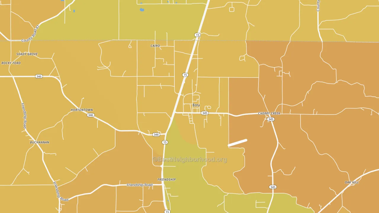 Map of the best neighborhoods in the 38841 area, with better matches in green and worse matches in red