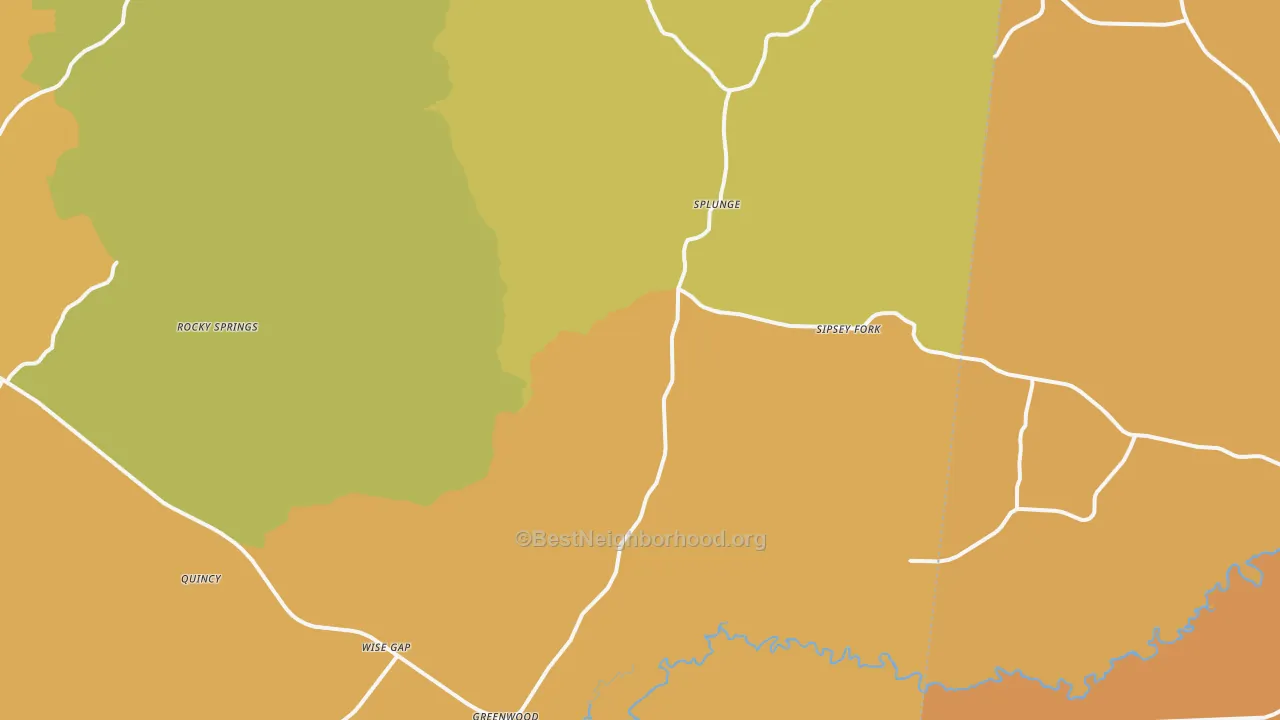 Map of the best neighborhoods in the 38848 area, with better matches in green and worse matches in red