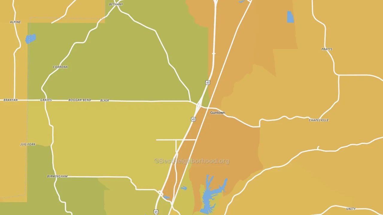 Map of the best neighborhoods in the 38849 area, with better matches in green and worse matches in red