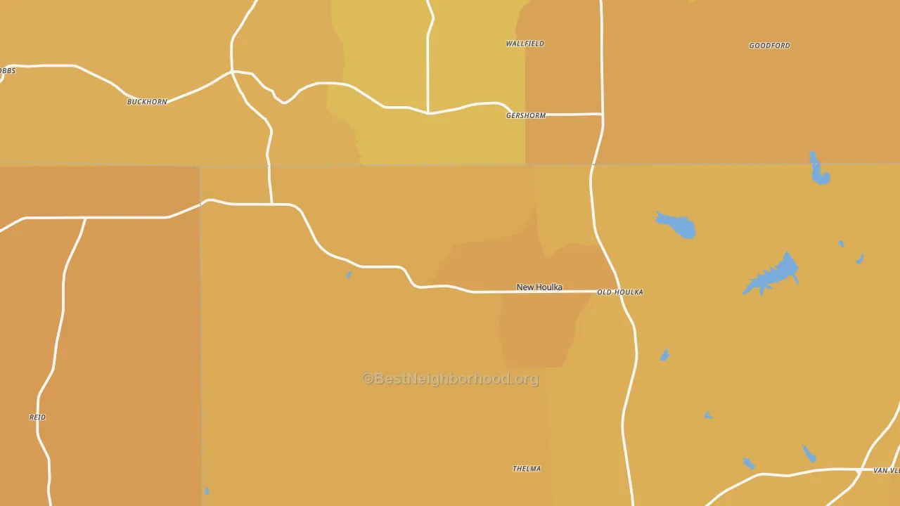 Map of the best neighborhoods in the 38850 area, with better matches in green and worse matches in red