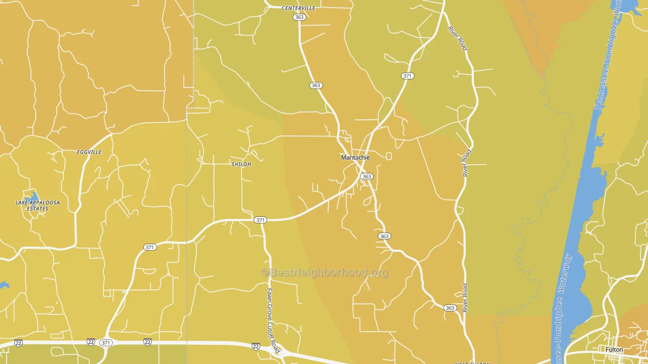 Map of the best neighborhoods in the 38855 area, with better matches in green and worse matches in red
