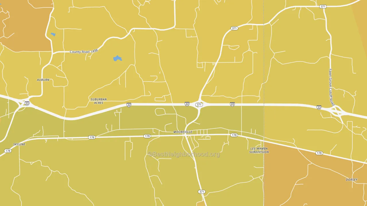 Map of the best neighborhoods in the 38857 area, with better matches in green and worse matches in red