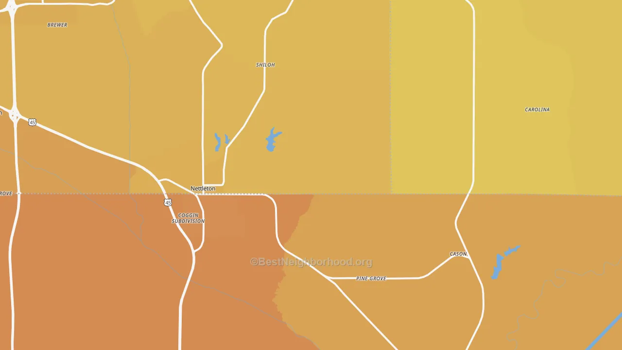 Map of the best neighborhoods in the 38858 area, with better matches in green and worse matches in red