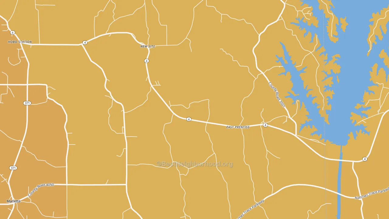 Map of the best neighborhoods in the 38859 area, with better matches in green and worse matches in red