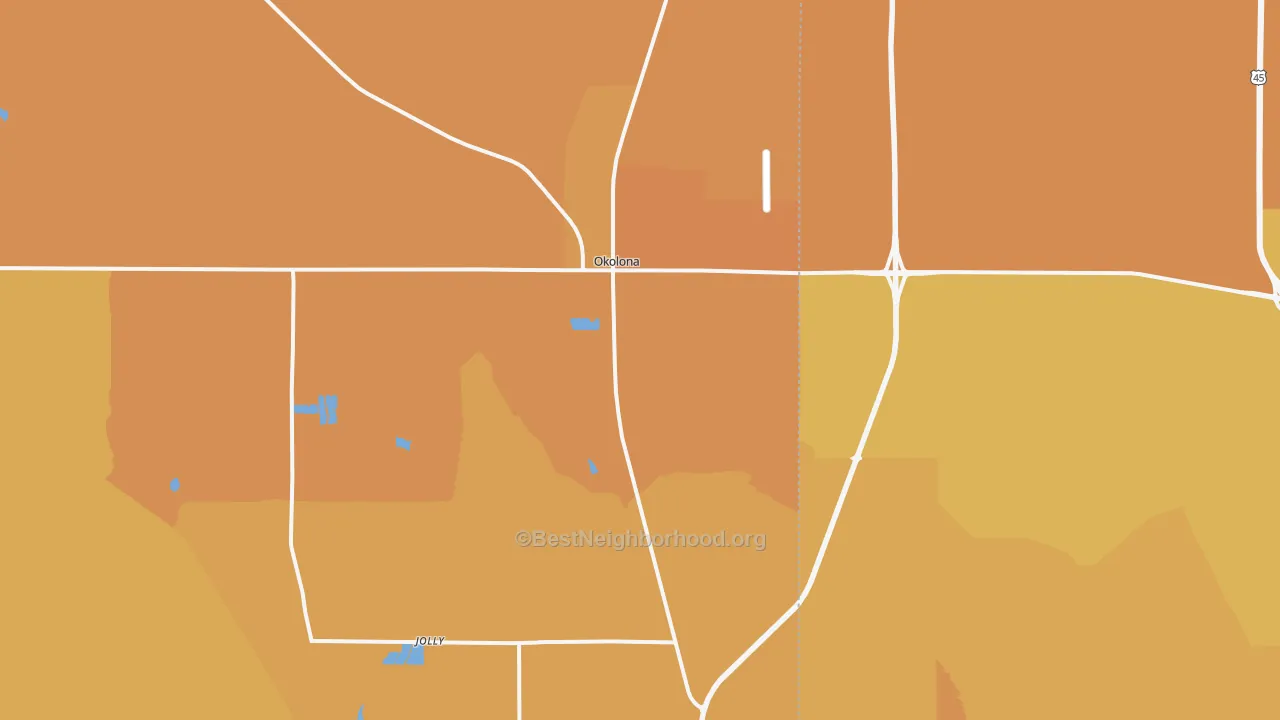Map of the best neighborhoods in the 38860 area, with better matches in green and worse matches in red