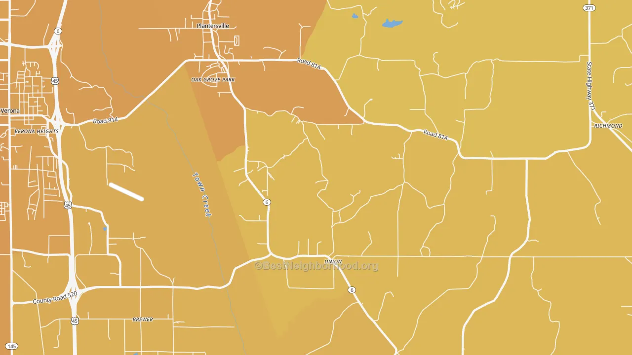 Map of the best neighborhoods in the 38862 area, with better matches in green and worse matches in red