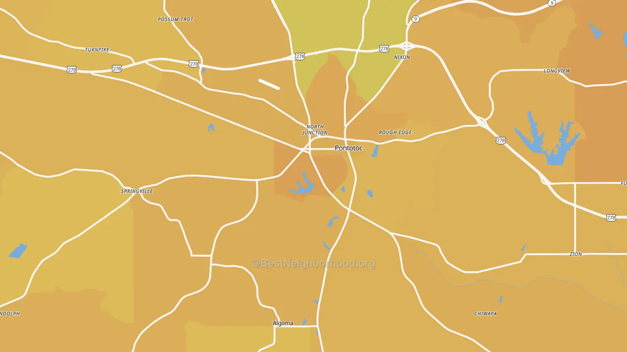 Map of the best neighborhoods in the 38863 area, with better matches in green and worse matches in red