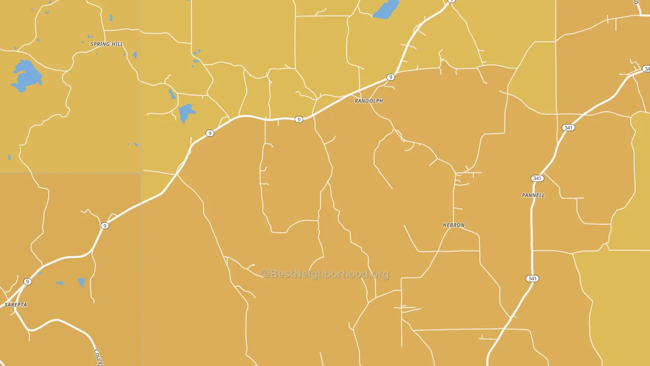 Map of the best neighborhoods in the 38864 area, with better matches in green and worse matches in red