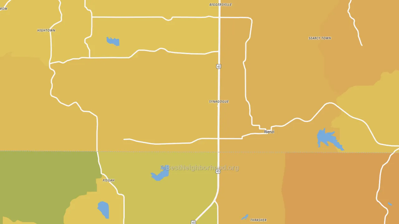 Map of the best neighborhoods in the 38865 area, with better matches in green and worse matches in red